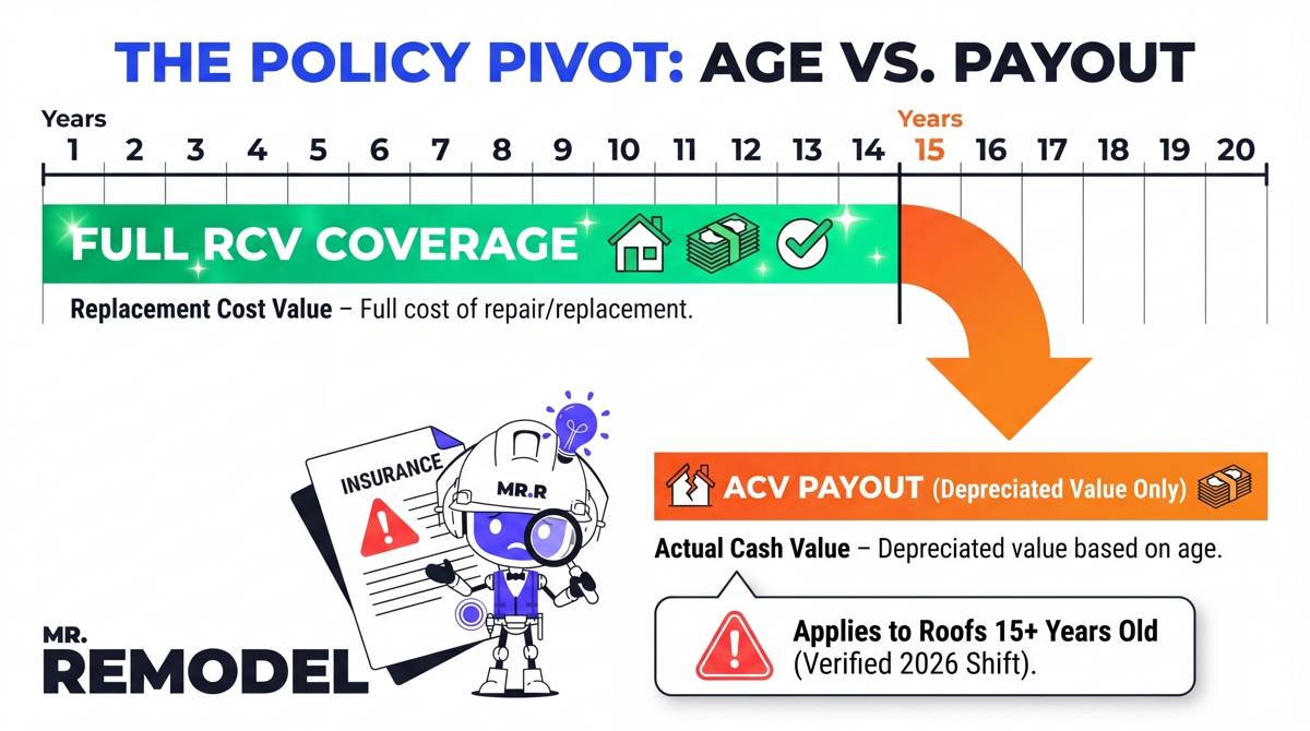 A conceptual infographic illustrating the 2026 insurance industry shift where roof policies pivot from full Replacement Cost Value (RCV) to Actual Cash Value (ACV) after 15 years.